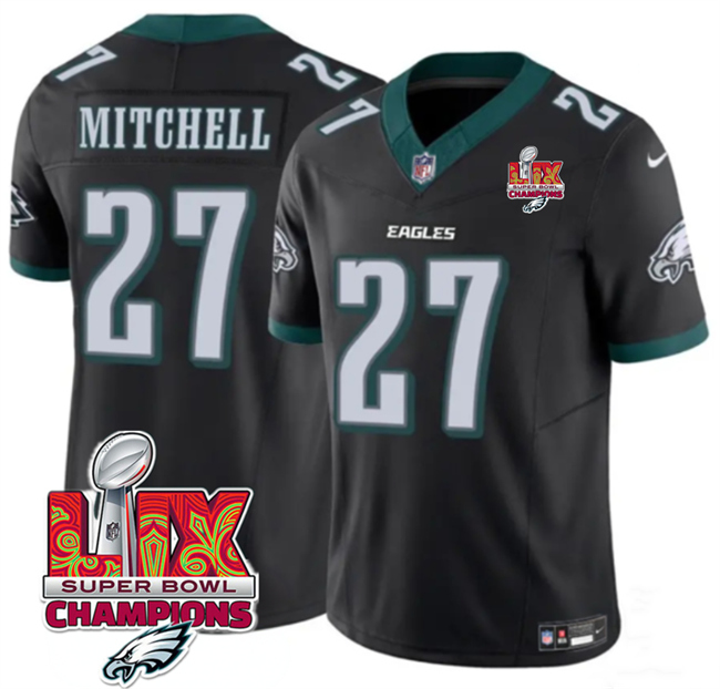 Men's Black Philadelphia Eagles #27 Quinyon Mitchell 2025 Eagles Logo Super Bowl LIX Patch New F.U.S.E. Vapor Untouchable Limited Stitched Football Jersey
